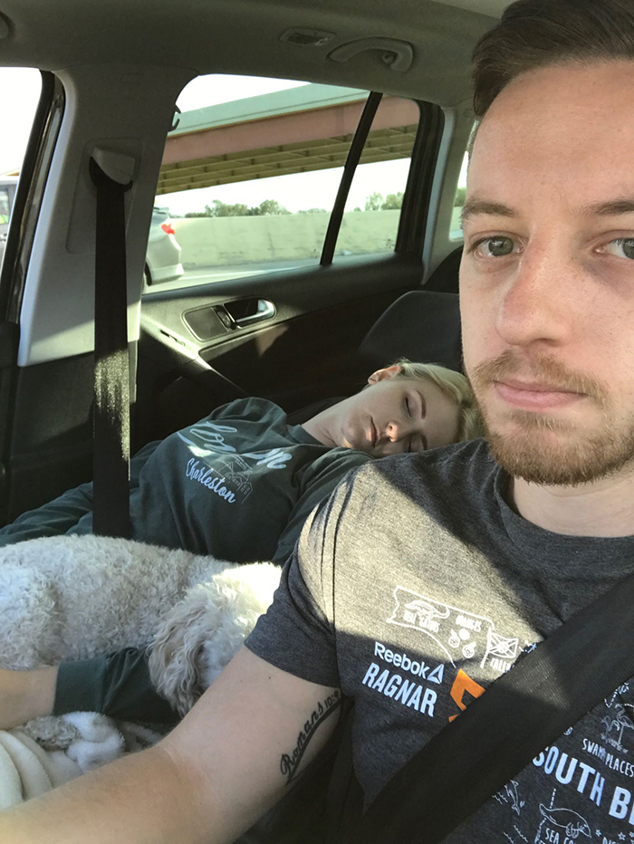 guy posts road trip pictures with wife sleeping in every one