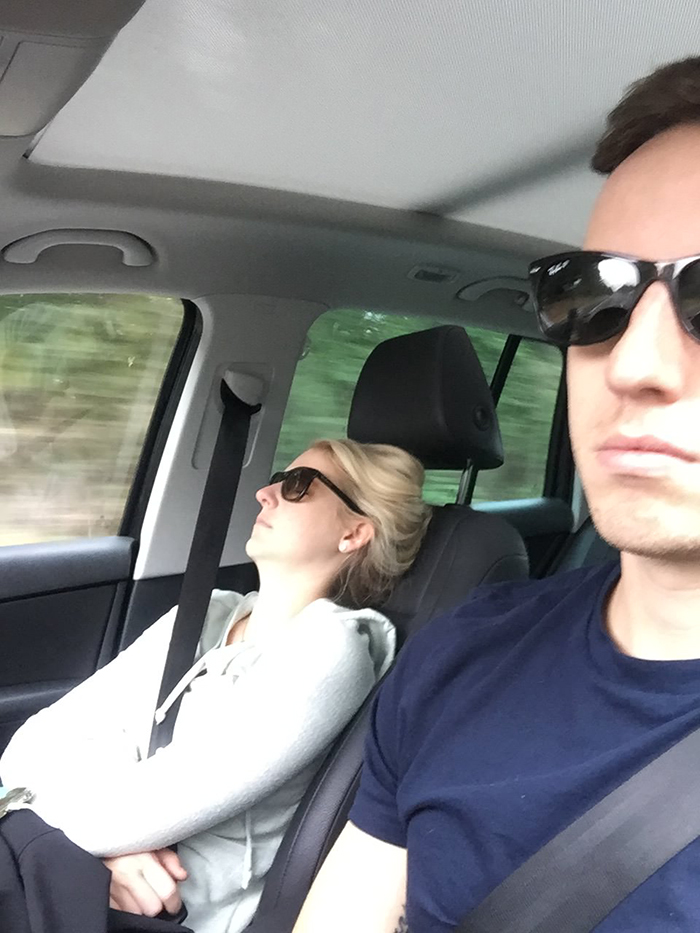 guy posts road trip pictures with wife sleeping in every one