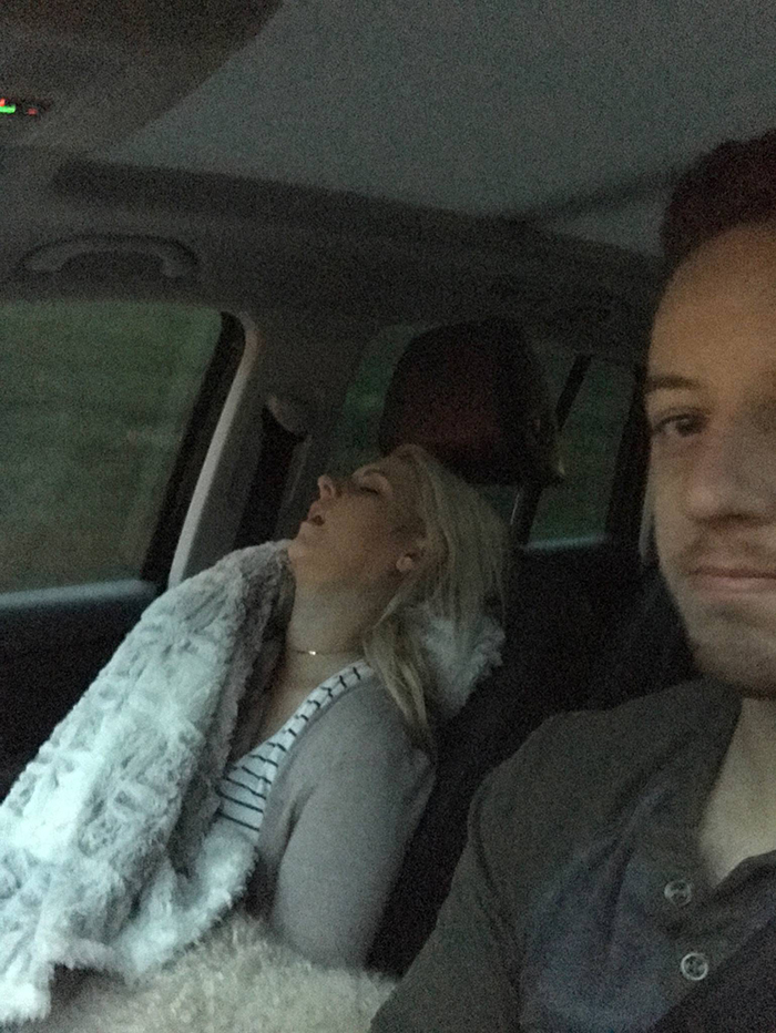 guy posts road trip pictures with wife sleeping in every one