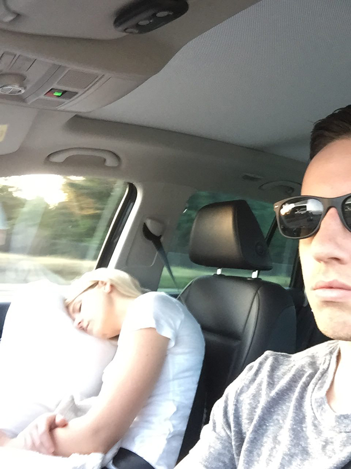 guy posts road trip pictures with wife sleeping in every one