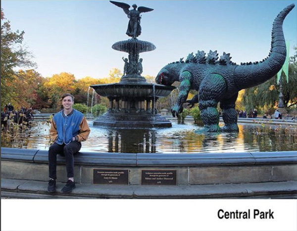 man travels with godzilla toy photoshop