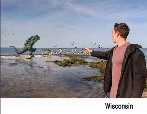 man travels with godzilla toy photoshop