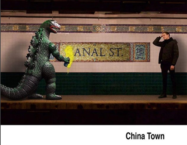 man travels with godzilla toy photoshop