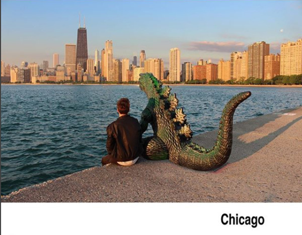 man travels with godzilla toy photoshop