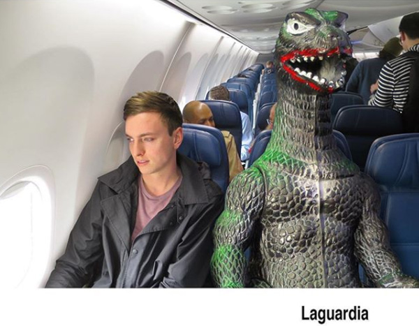 man travels with godzilla toy photoshop