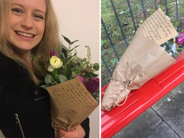 woman finds flowers on bus act of kindness