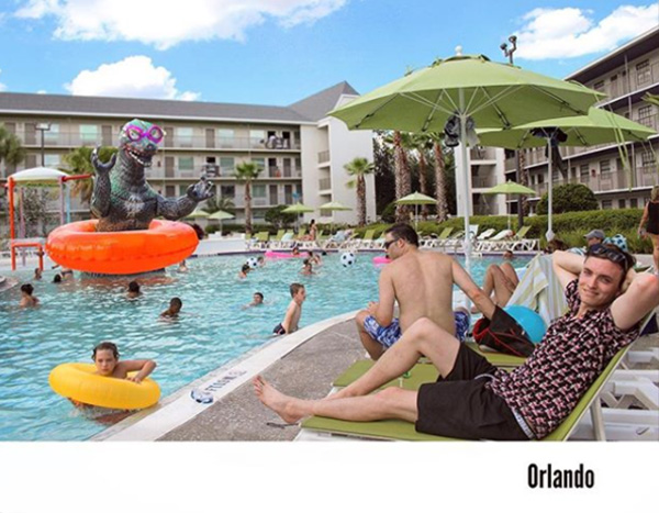 man travels with godzilla toy photoshop