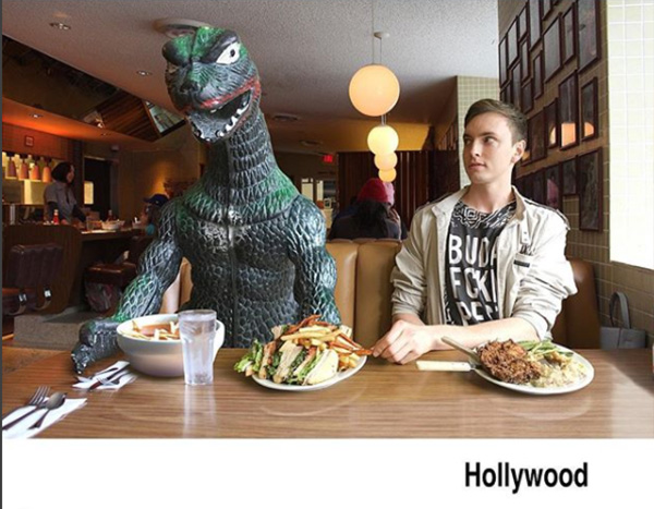 man travels with godzilla toy photoshop