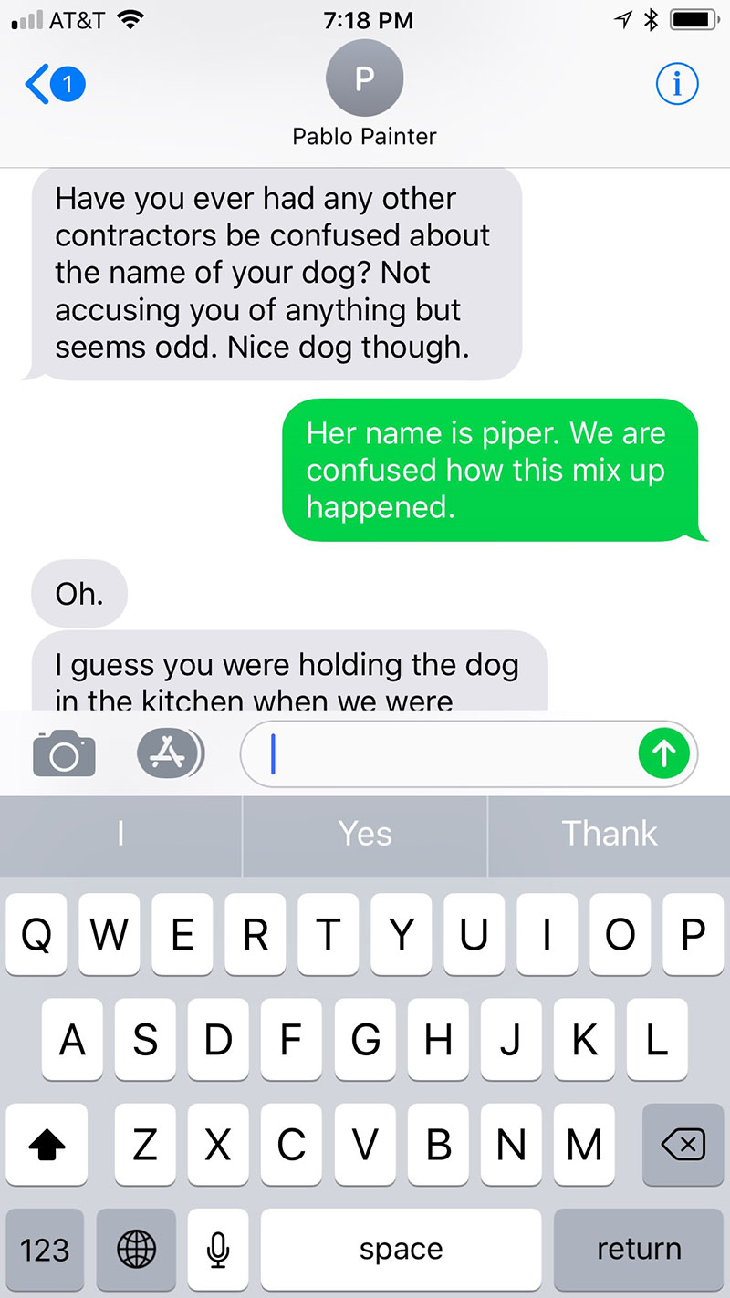 painter thinks dog name is white cabinets