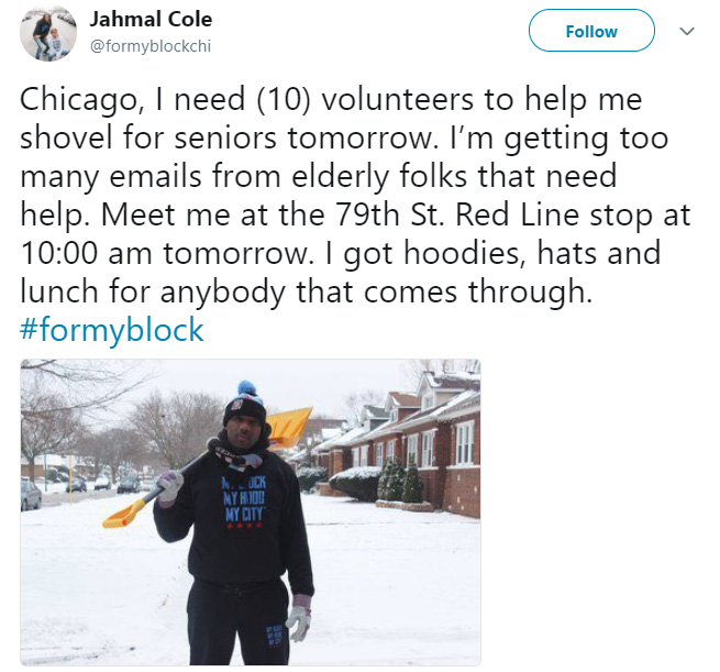 man asks for help shoveling snow for seniors Chicago