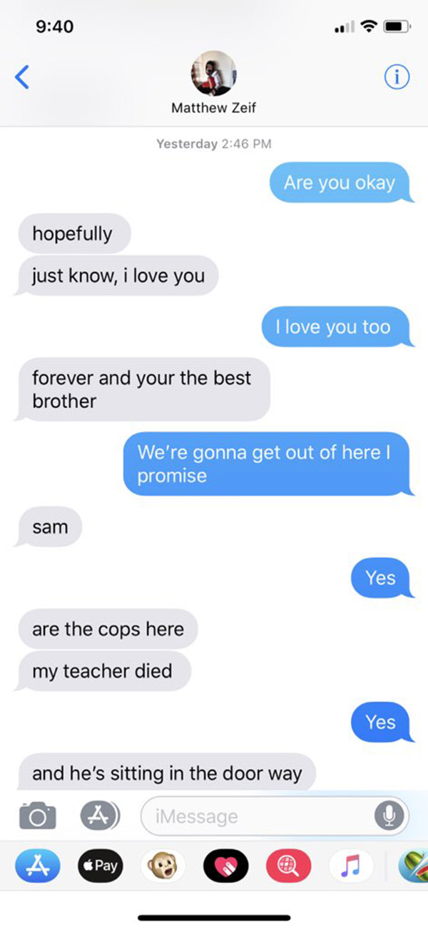 text messages between brothers during school shooting florida sam matt zeif