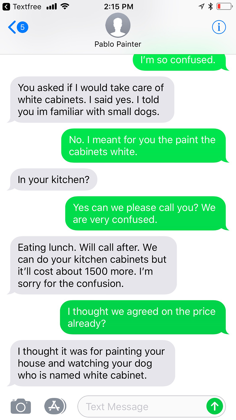 painter thinks dog name is white cabinets