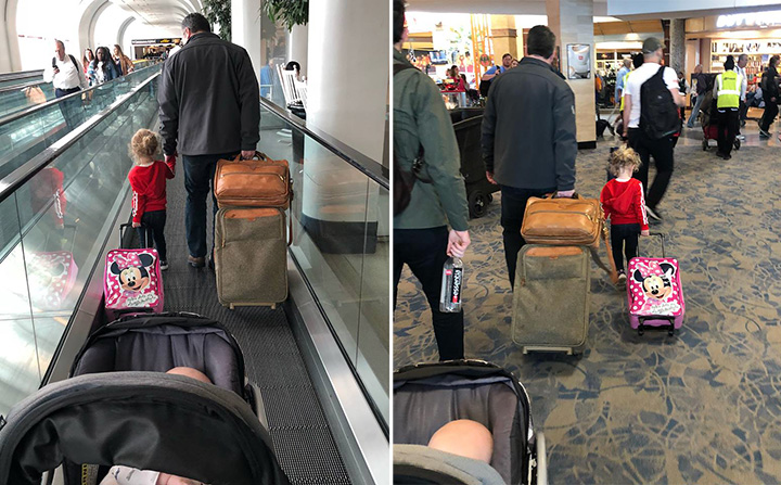 man helps woman traveling alone with two kids on plane