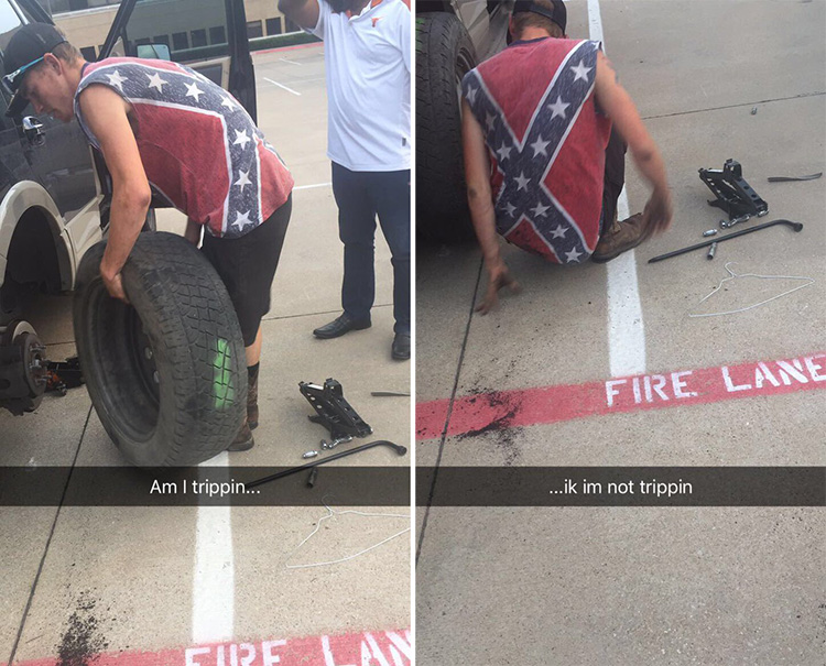 man in confederate flag helps black man change tire