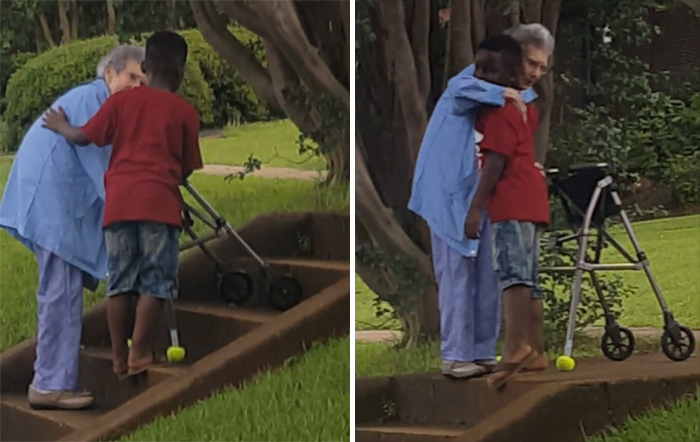 8 year old helps woman up steps