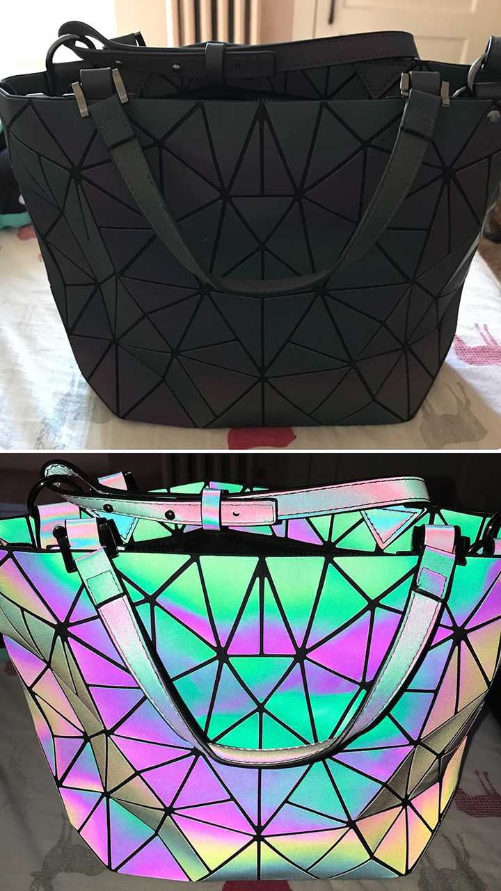 black purse that shines glows with flash