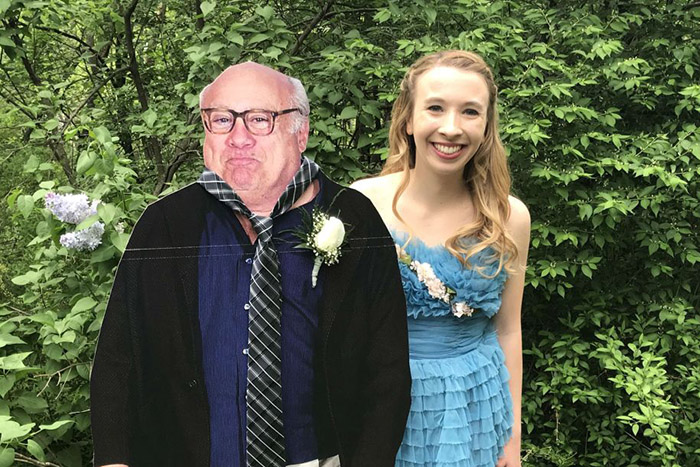 danny devito takes cutout of girl to bar prom