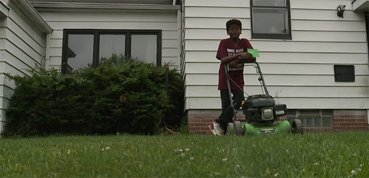 kid cuts grass police called business booming