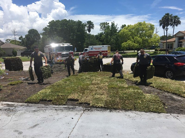 firefighters finish laying sod for man heart attack