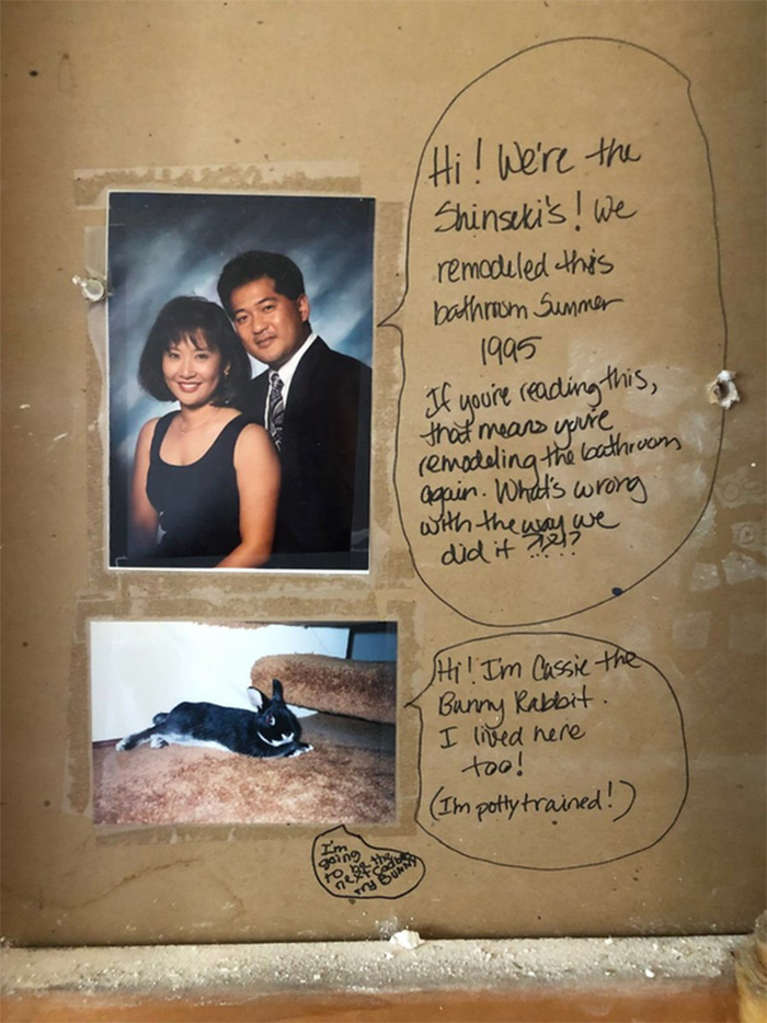 couple finds funny note while remodeling bathroom shinseki