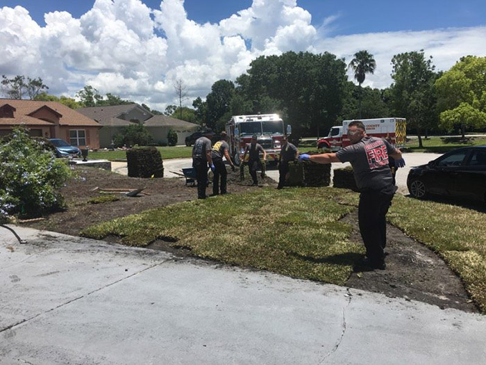 firefighters finish laying sod for man heart attack