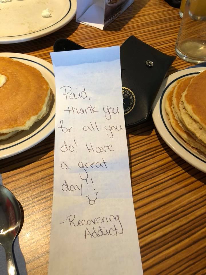 recovering addict pays tab for EMTs at ihop