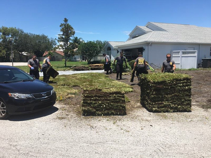 firefighters finish laying sod for man heart attack