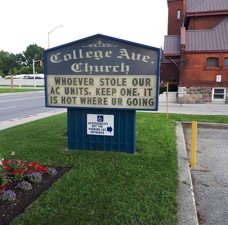 church AC unit stolen funny sign hot where you are going