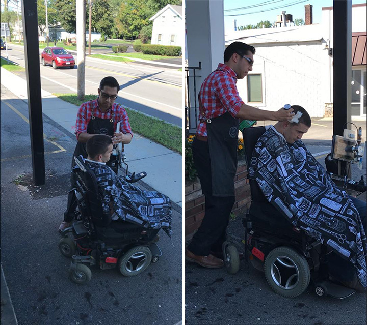 barber cuts mans hair outside in wheelchair