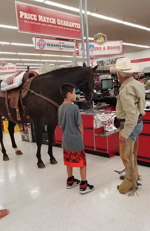 man brings horse in tractor supply store