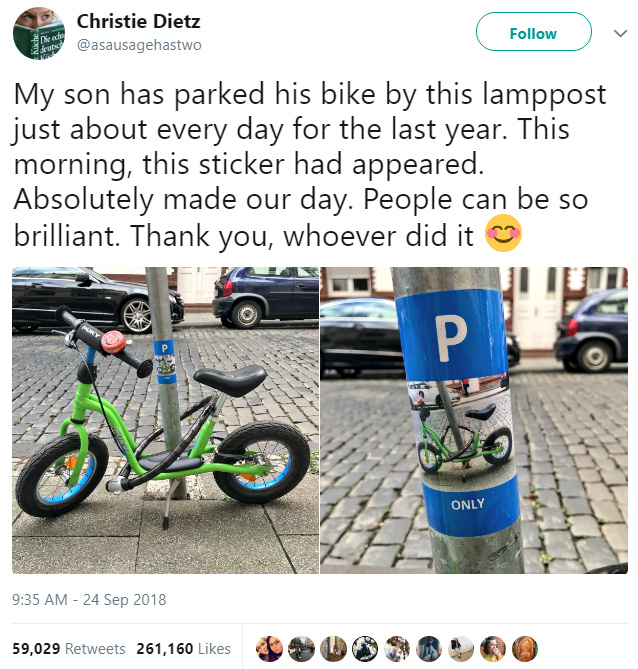 child gets own parking spot for bike