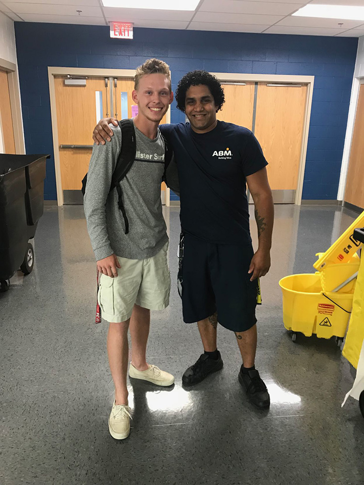 student buys janitor new shoes