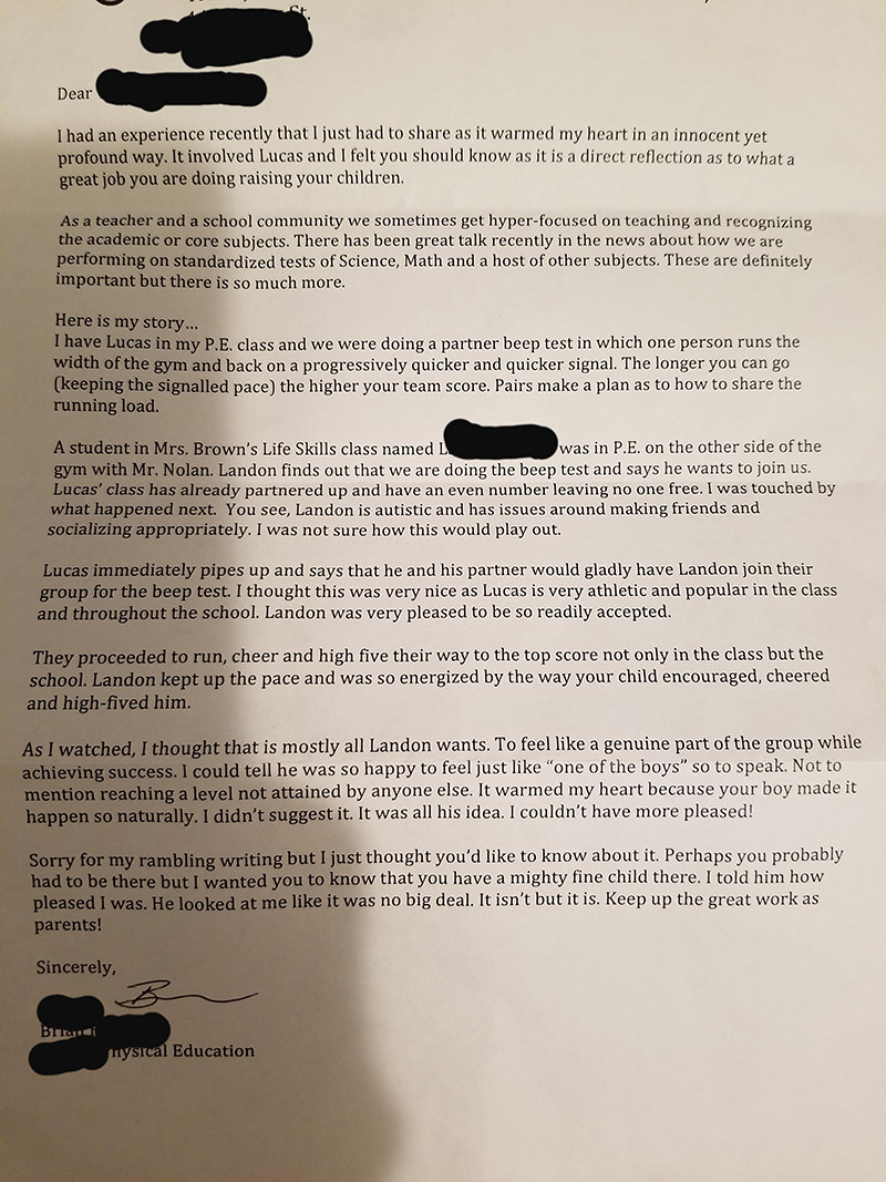 teacher sends parents letter about son kindness