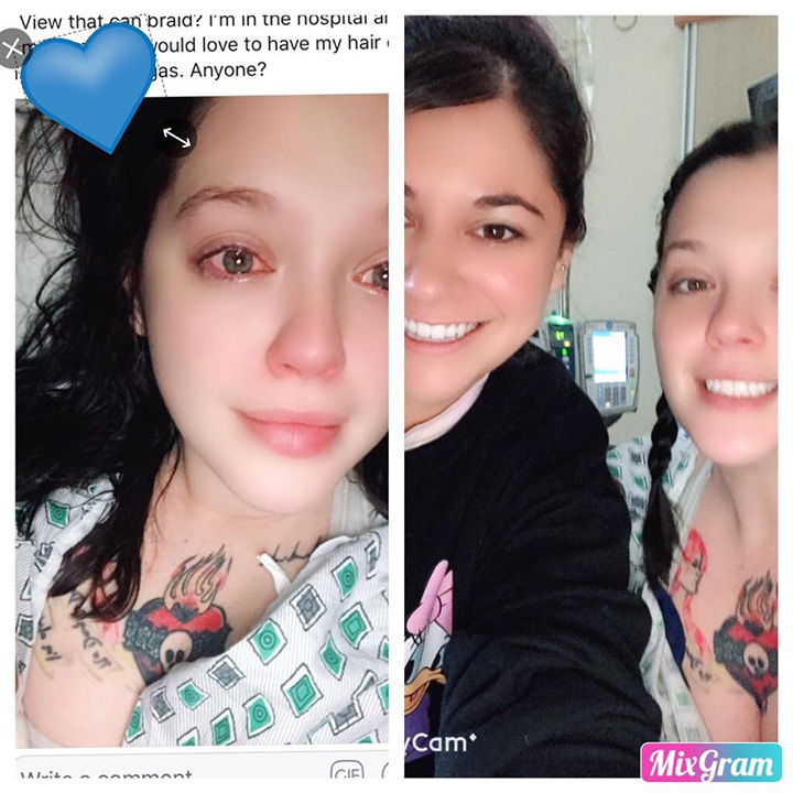 stranger braids hair for girl in hospital