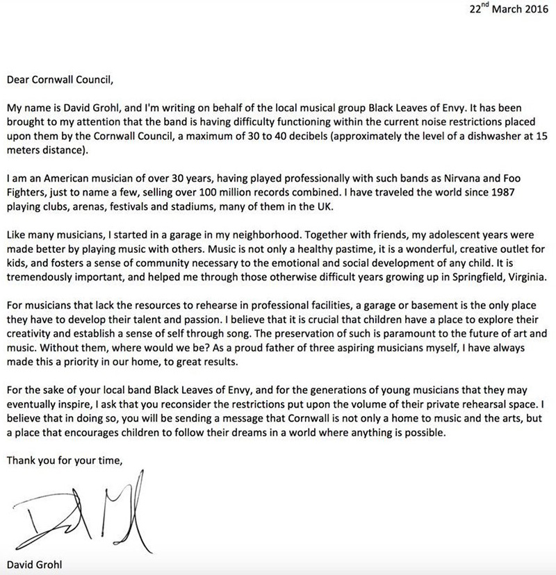 dave grohl letter to cornwall