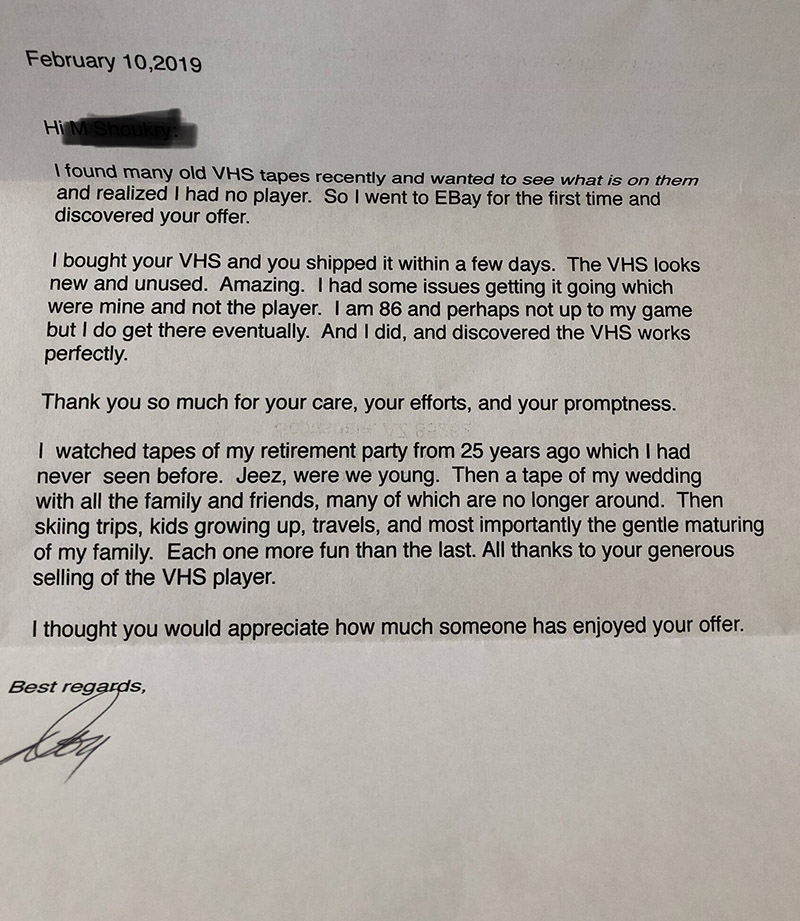 elderly man writes letter to vcr seller ebay