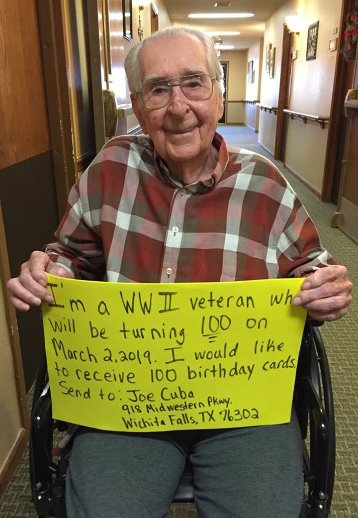 veteran turns 100 asks birthday cards