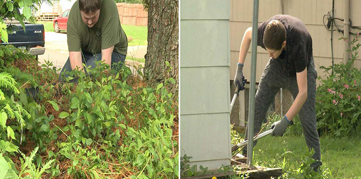 students do yard work for elderly PE credits