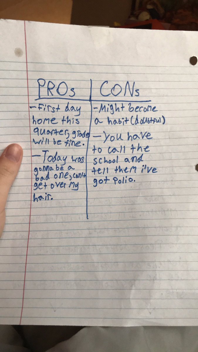 kid writes pros cons list missing school