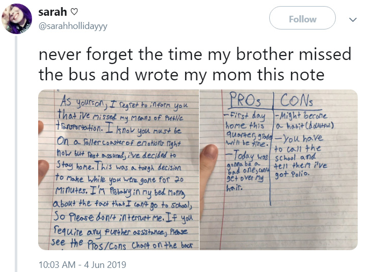 kid writes pros cons list missing school