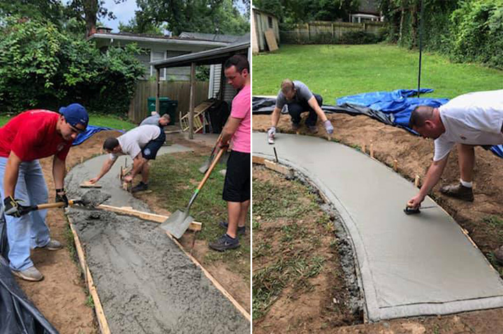 firefighters build woman in wheelchair a sidewalk