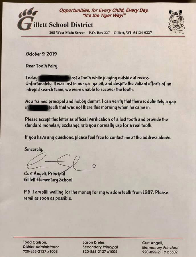 principal letter to tooth fairy