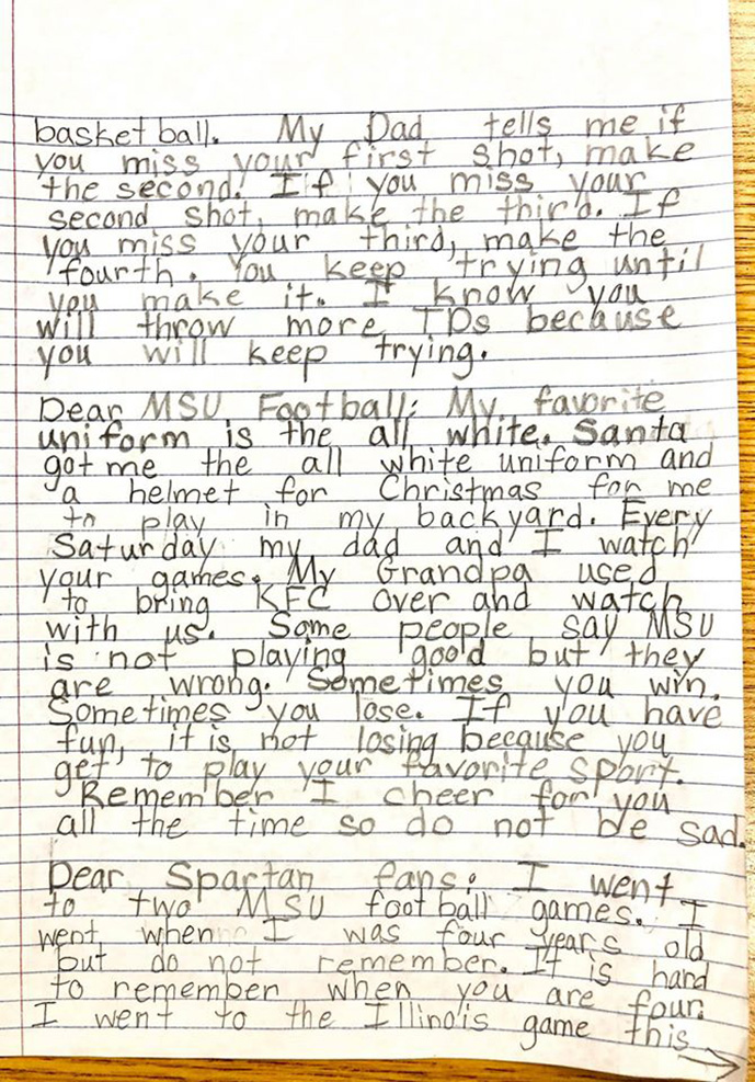 9 year old writes letter to MSU football