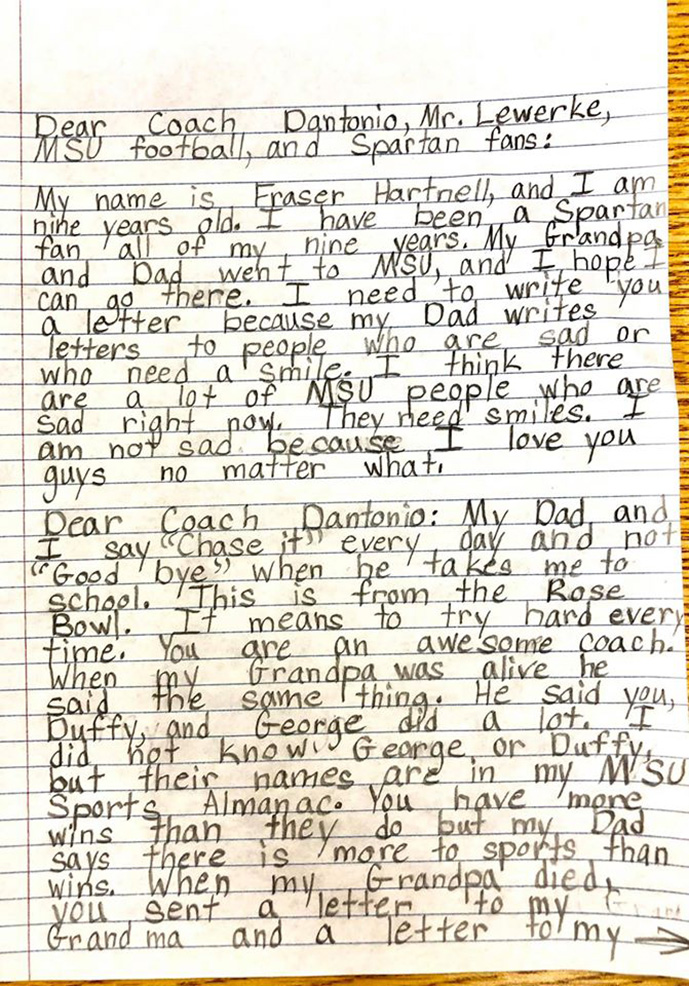 9 year old writes letter to MSU football