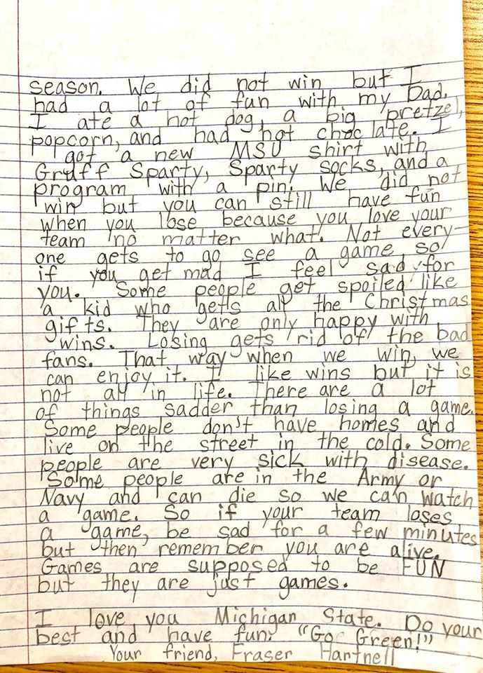 9 year old writes letter to MSU football