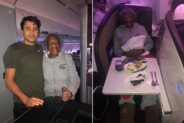 passenger gives first class seat to senior woman