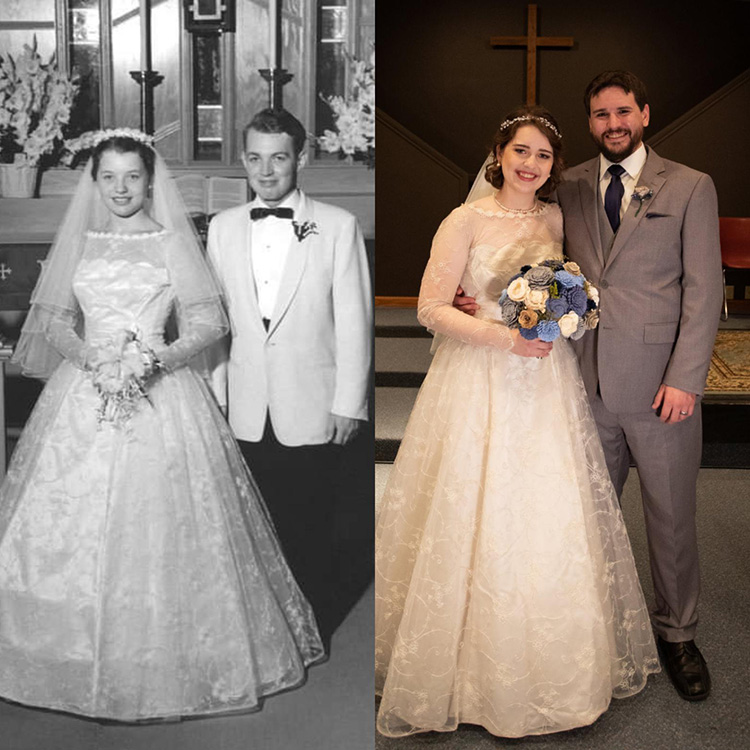 bride wears grandmothers wedding gown