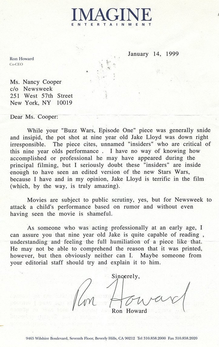 ron howard letter to newsweek defending jake lloyd