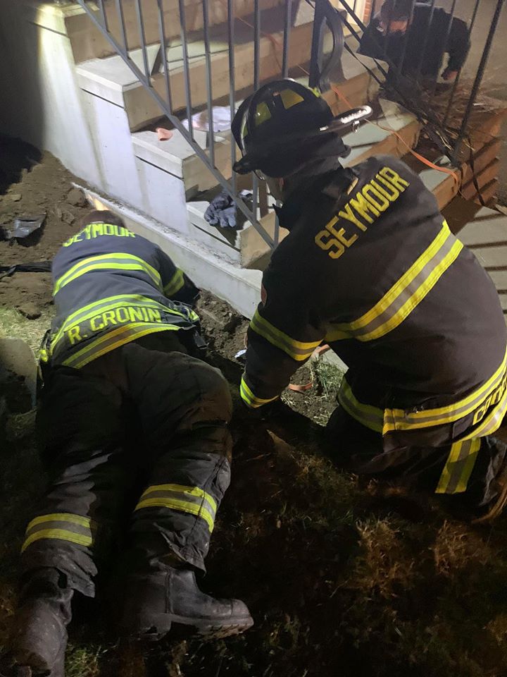 firefighters rescue dog under porch