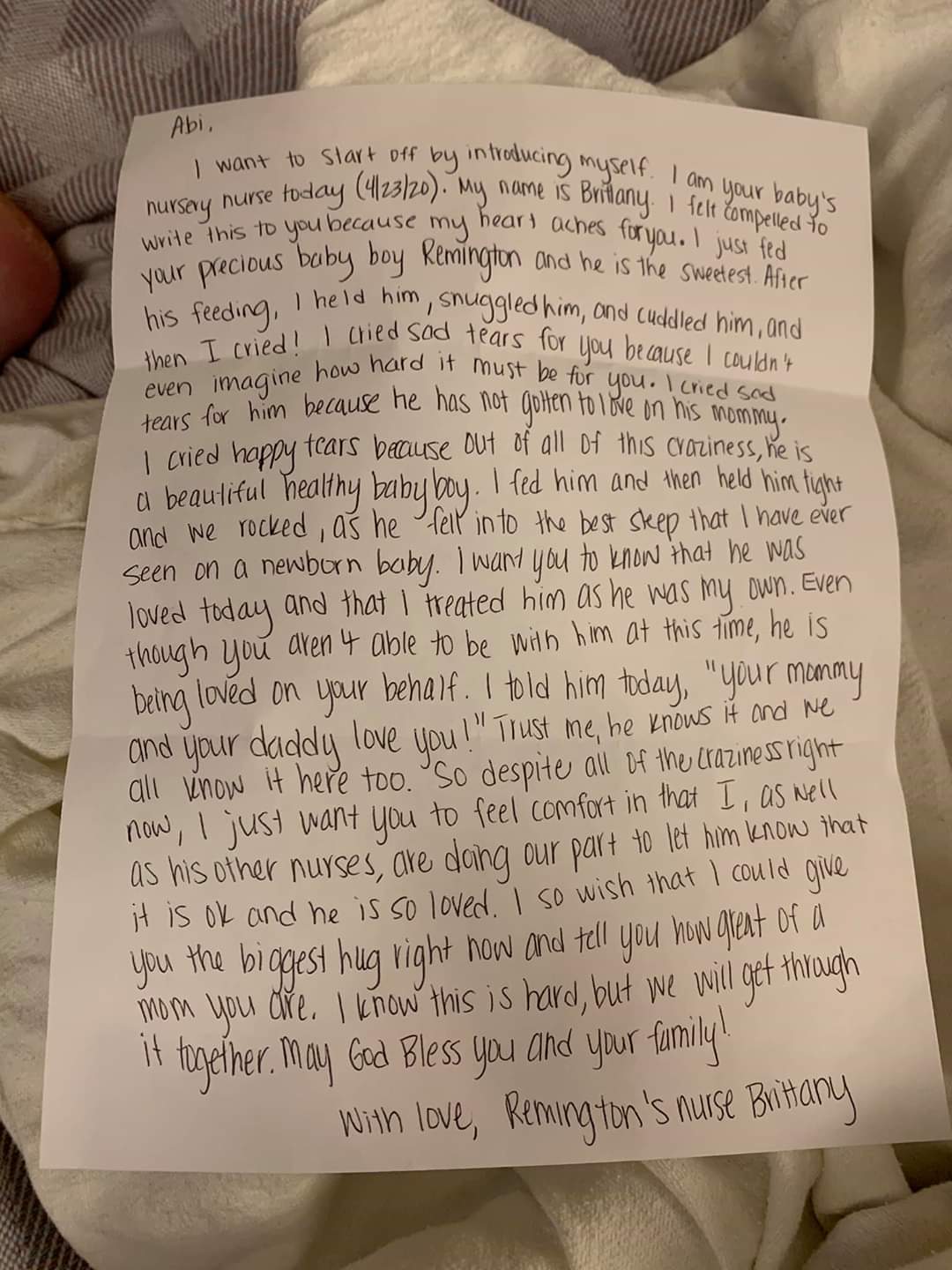 nurse letter to mom newborn baby quarantine